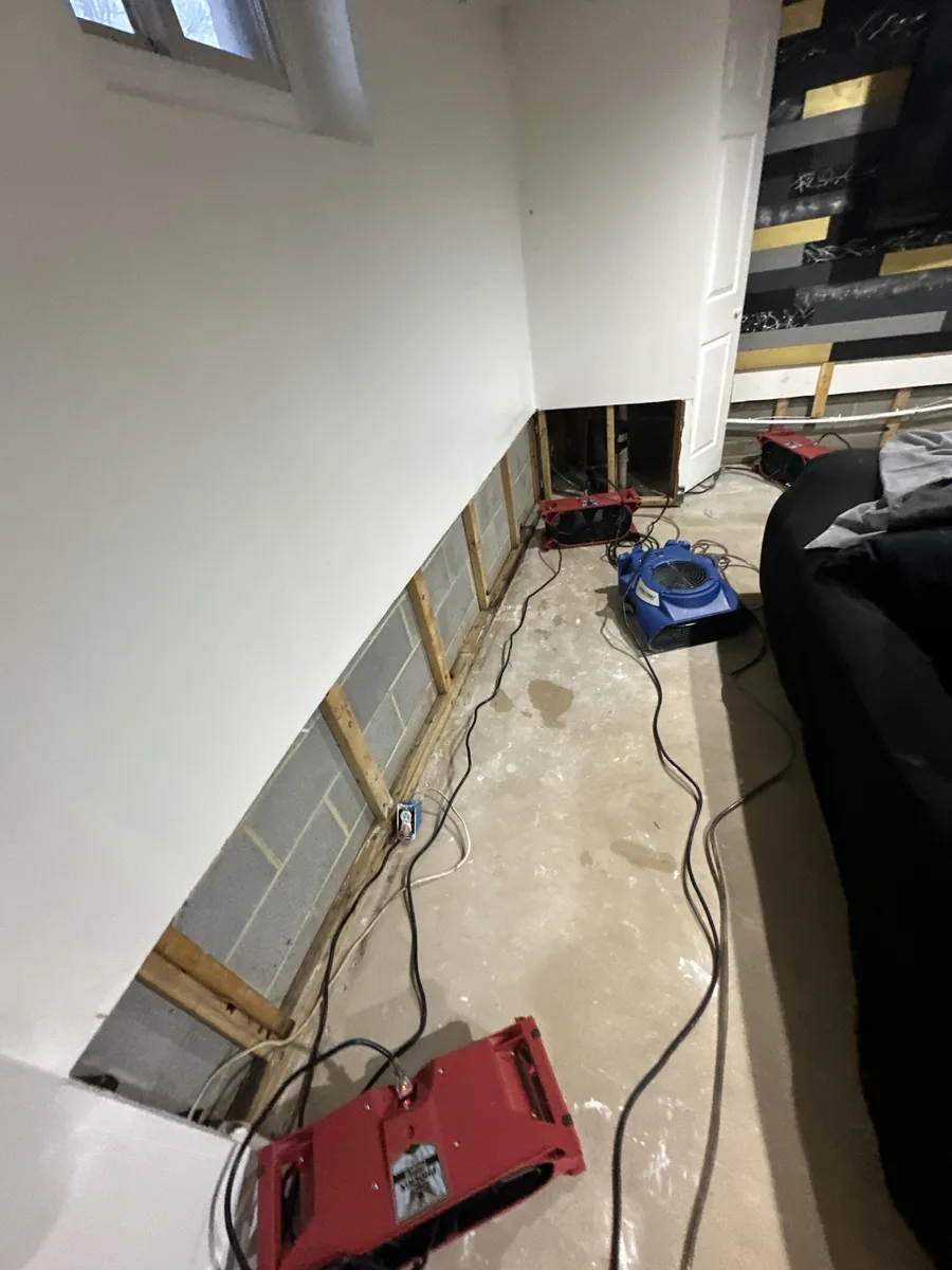 Air movers beside opened lower basement walls during an Abington Township water-heater cleanup