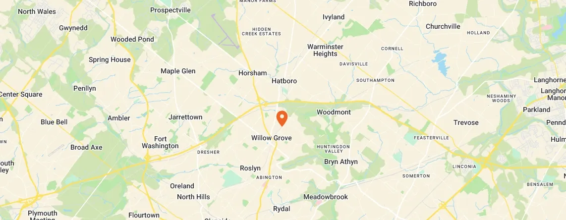 Map of Restoration 365 service area — Willow Grove, Abington, Horsham, and nearby Montgomery County communities
