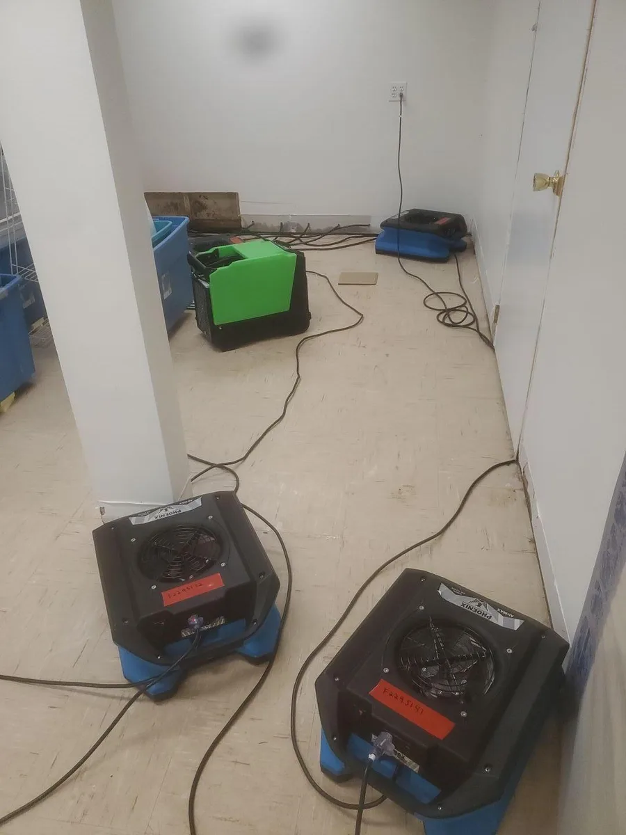 Air movers and a dehumidifier during basement drying in Horsham.