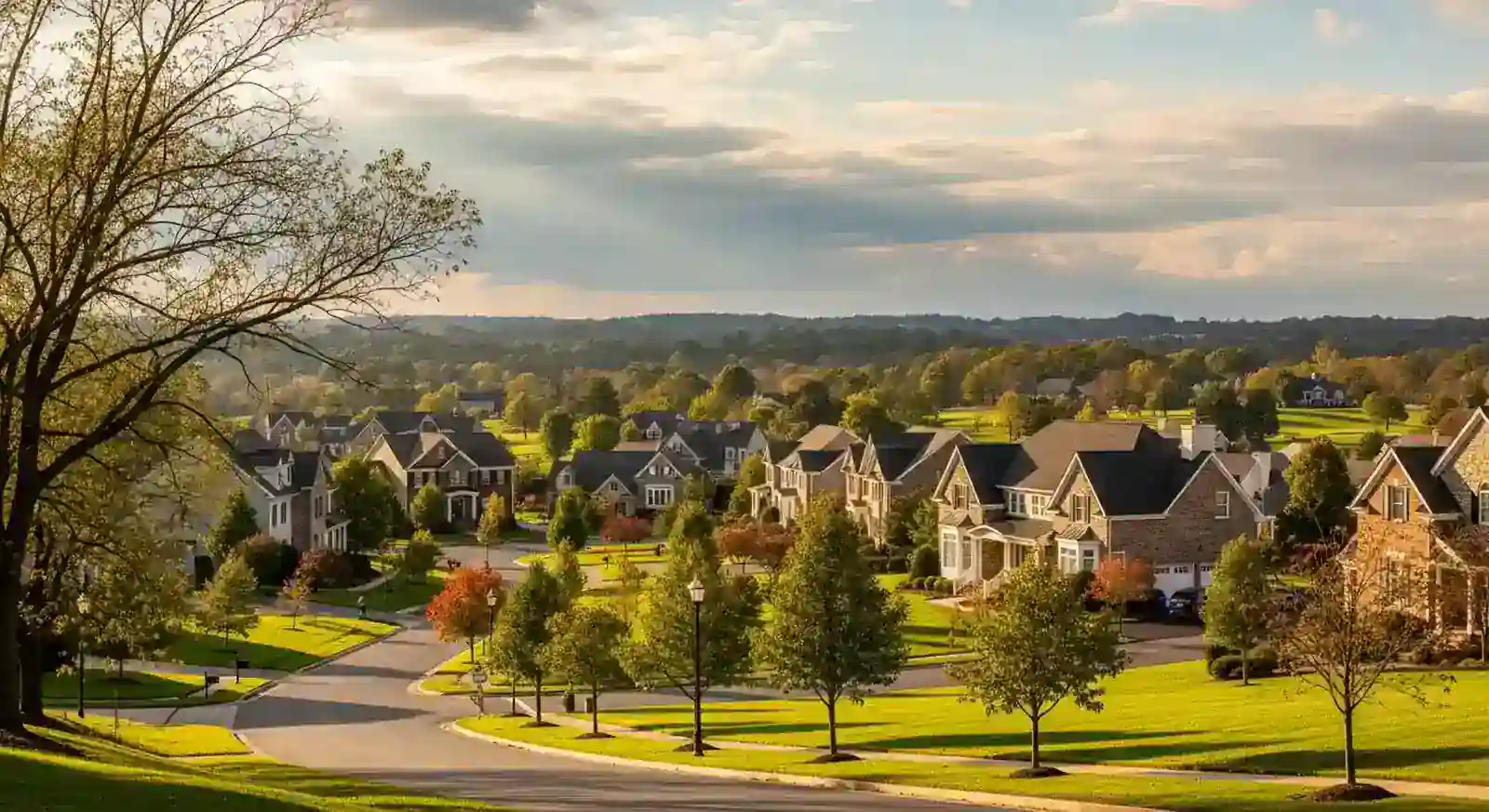 Homes and lawns in a tree-lined residential neighborhood.