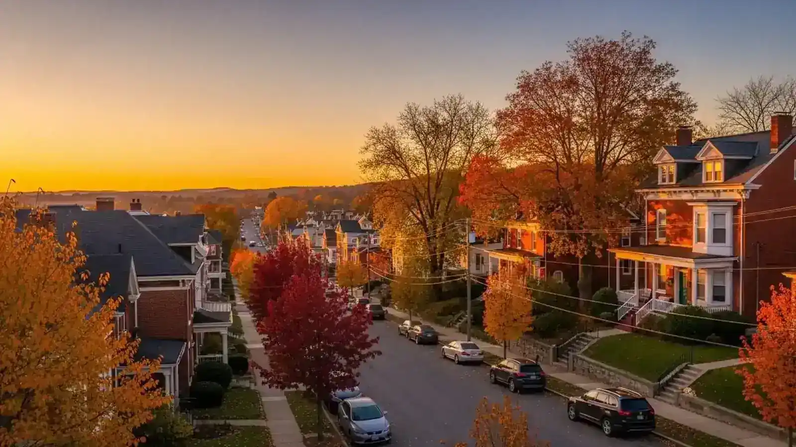 A residential street with autumn trees at sunset.