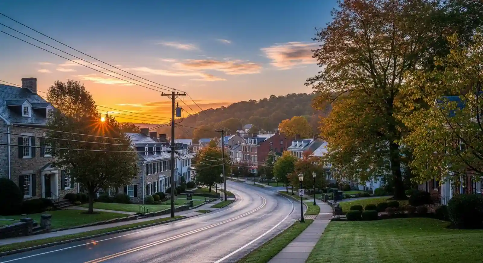 A tree-lined street with houses at sunset.