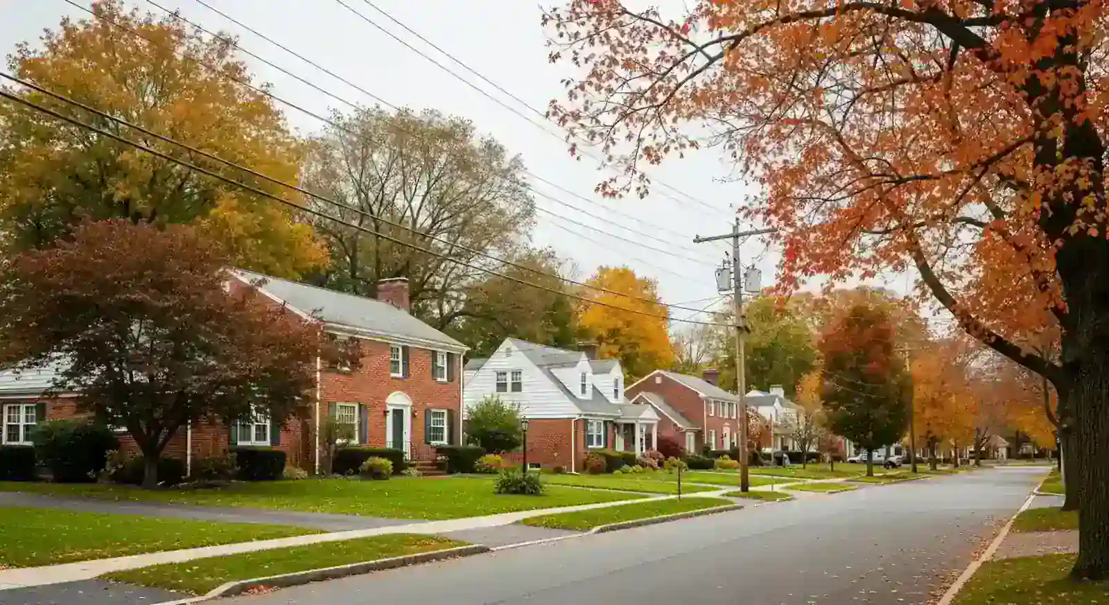 Homes beside a tree-lined residential street.
