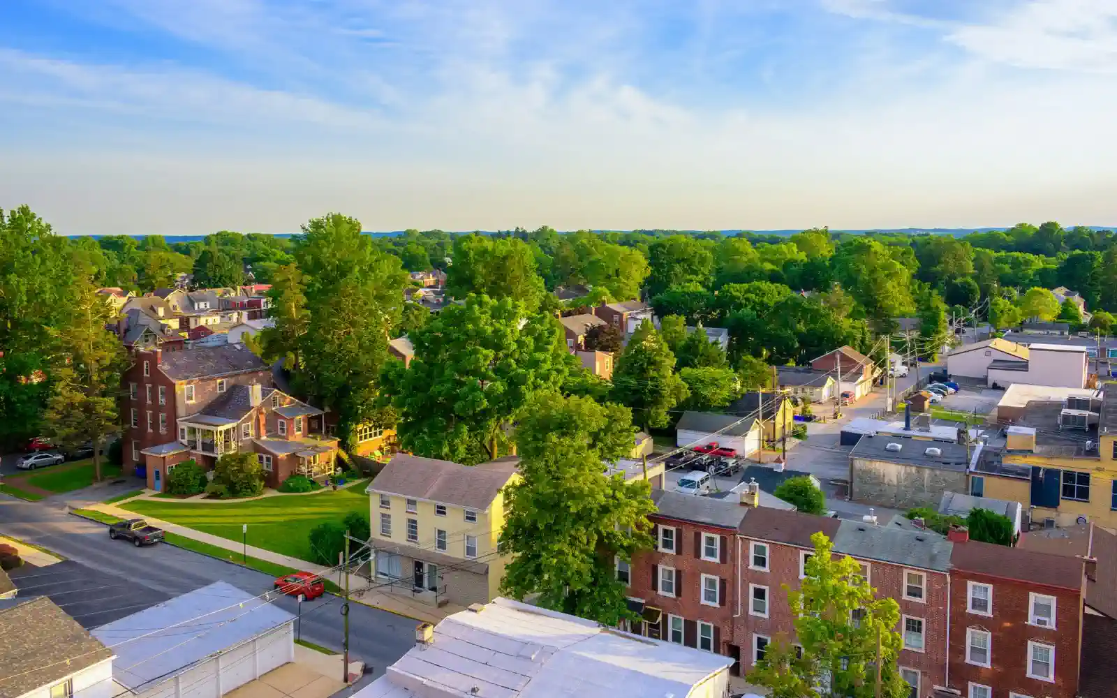 Aerial view of buildings and neighborhood streets.
