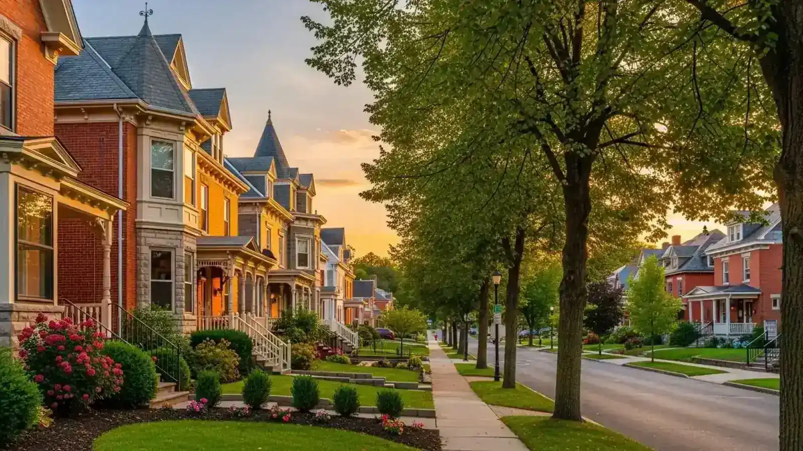 Houses and a sidewalk along a tree-lined street.