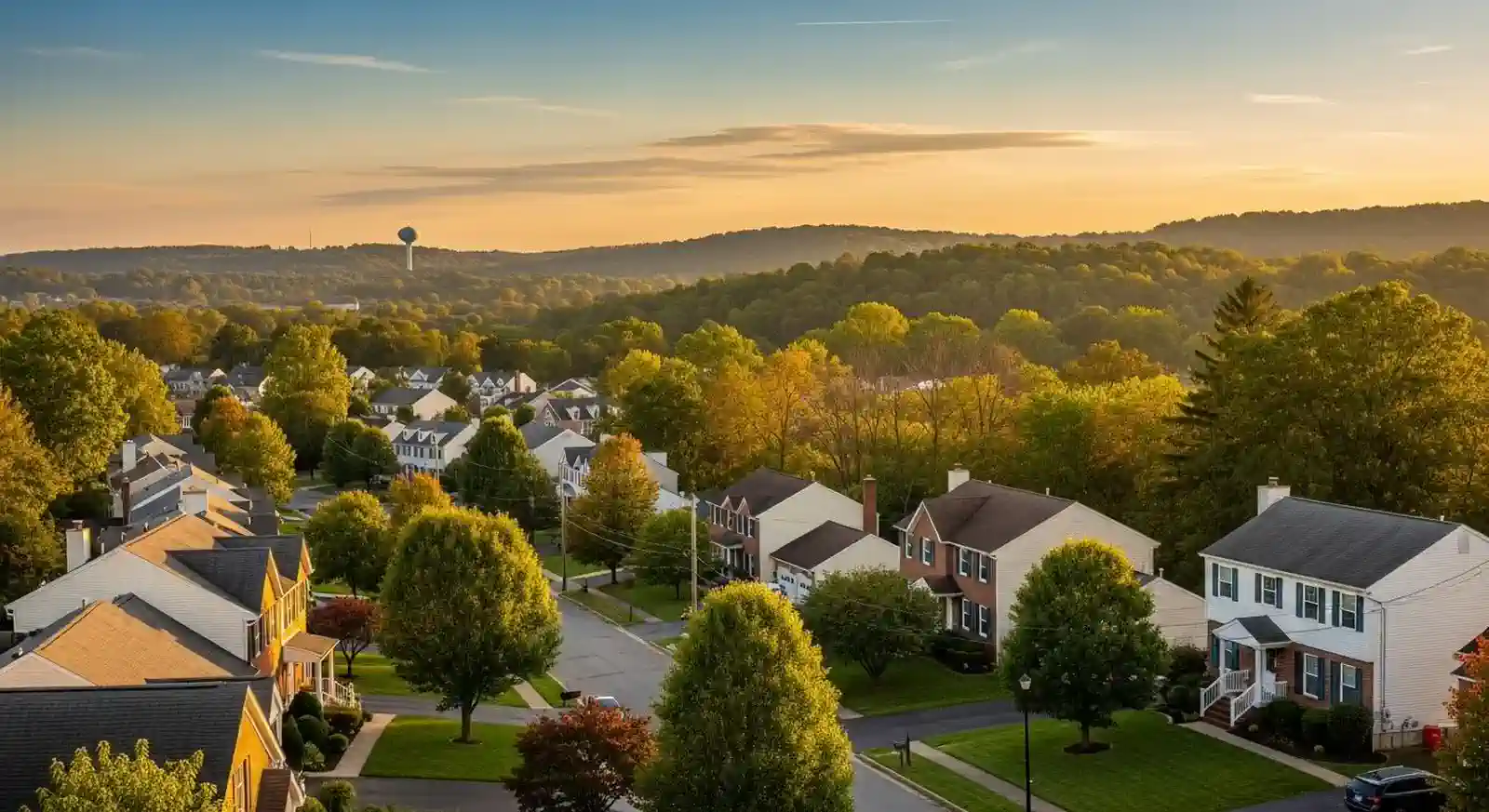 Aerial view of homes and trees at sunset.