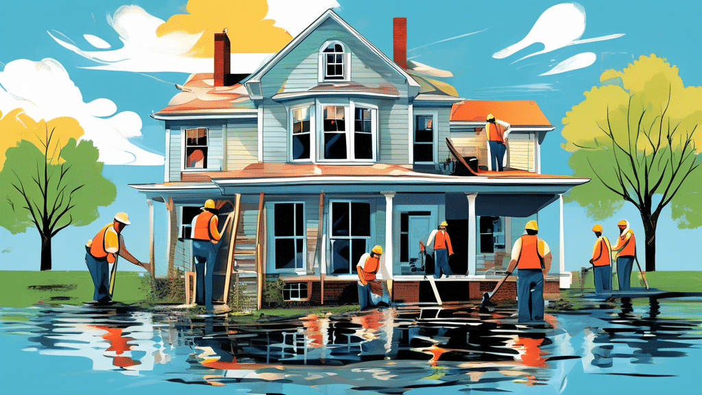 An artistic representation of a team of professionals restoring a flooded home in Abington, PA, with clear skies and a hopeful atmosphere.