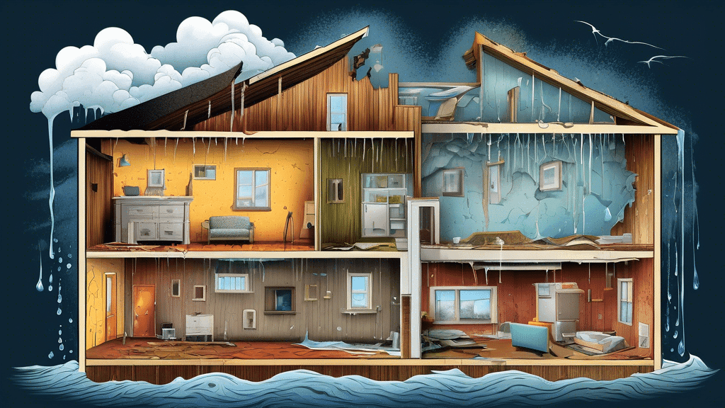 A visually detailed illustration showing a cross-section of a house with various stages of water damage, including swollen wood, mold growth on walls, peeling wallpaper, and damaged electrical systems