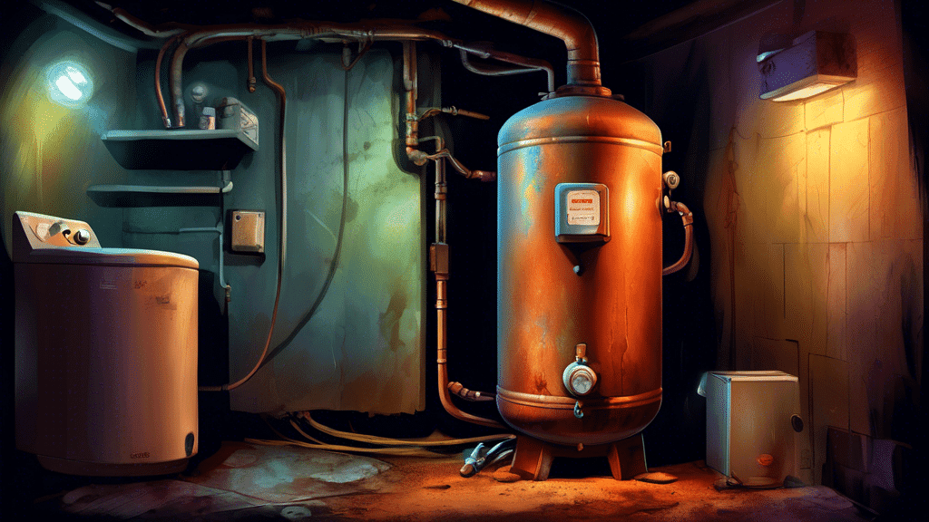 A detailed digital painting of a rusty old water heater with visible leaks, set in a dimly lit basement, with a perplexed homeowner holding a flashlight and a wrench inspecting the water heater.